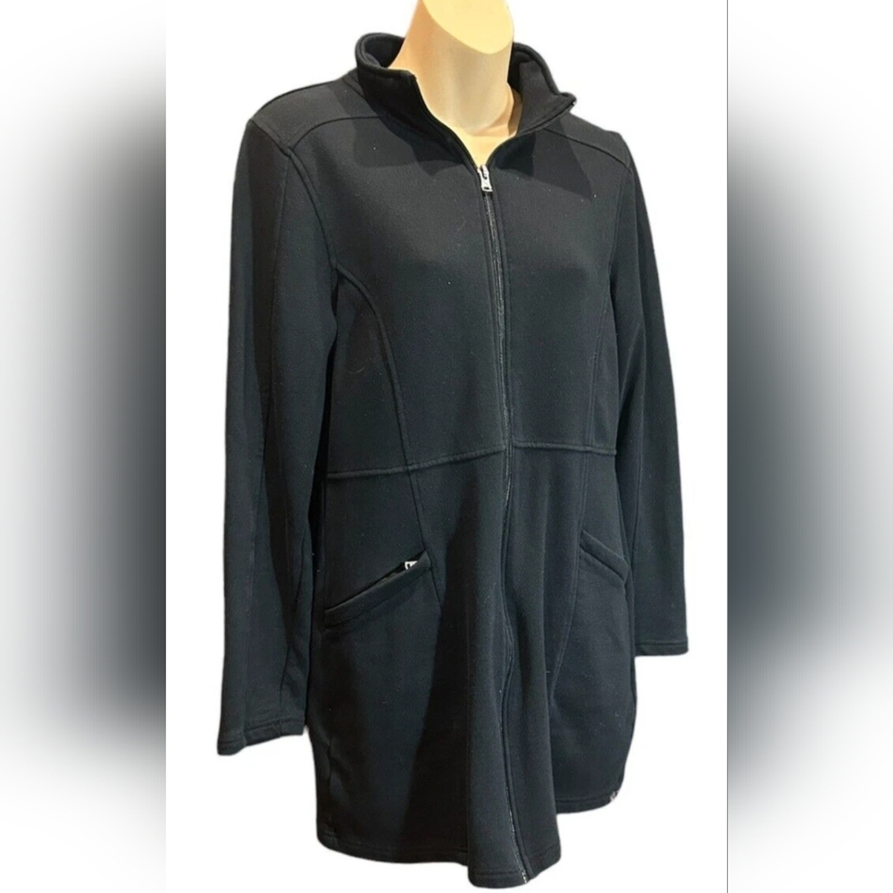 EDDIE BAUER Full Zip Black Knit X-LONG Cardigan Jacket Shirt~Women's Sz MEDIUM